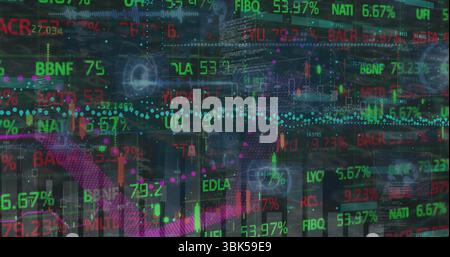 Displaying stock market data overlay at trading terminal, with candlestick bars and ticker symbols Stock Photo