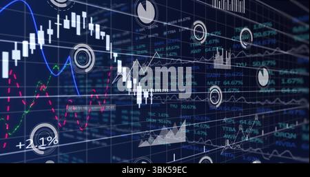 Trading interface displaying candlestick chart and dashed lines on screen, with percentage labels Stock Photo