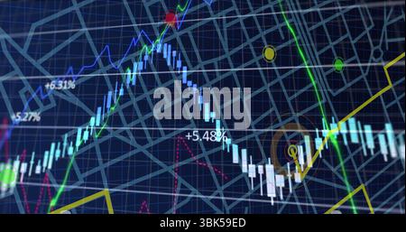 Displaying financial candlestick overlaying street map grid on dashboard, with colored trend lines Stock Photo
