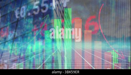 Displaying vertical bars rising from grid plane in trading dashboard, with ticker values and arrows Stock Photo