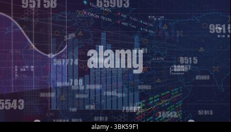 Displaying finance dashboard on dark themed GUI, with vertical bar chart and curved line graph Stock Photo