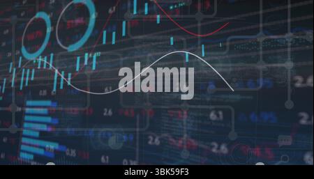 Displaying analytics interface in dark-themed dashboard, with trend curves and candlestick bars Stock Photo