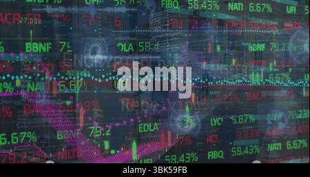 Displaying grid overlay in trading room, with ticker symbols, line graphs and candlestick bars Stock Photo