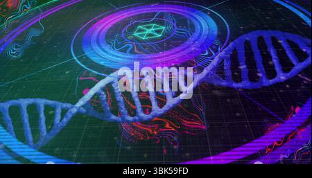 Floating semi-transparent DNA double helix hovering above interface grid with holographic rings Stock Photo