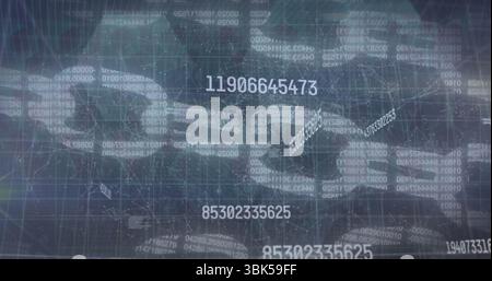 Displaying global network visualization on grid, showing floating numbers, nodes and map outlines Stock Photo
