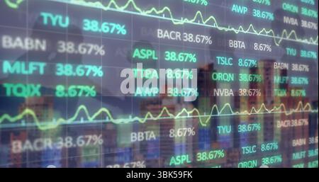 Displaying transparent glass screen showing stock tickers at trading floor office, with neon graphs Stock Photo