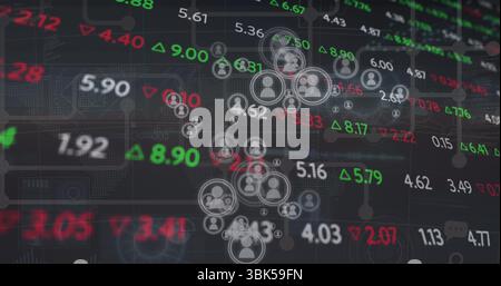Displaying user icons forming network nodes on finance dashboard with tickers and colored arrows Stock Photo