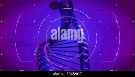 Twisting and spiraling DNA double helix in virtual 3D interface with glowing nodes and target grids Stock Photo