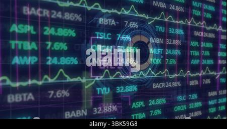 Showing financial interface with holographic circular element and live market data on grid backdrop Stock Photo