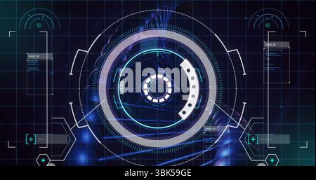 Displaying circular HUD on display featuring rings, arcs, grid and status panels reading 50 and 60 Stock Photo