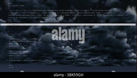 Filling sky storm clouds crossing at dusk horizon, with faint computer code text and bar overlay Stock Photo