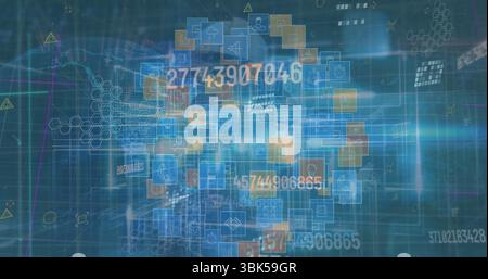 Floating translucent data panels displaying icons, numbers in network hex grid, warning symbols Stock Photo