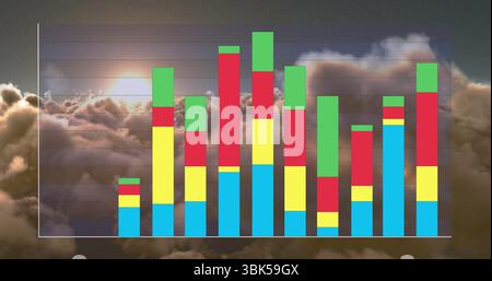 Displaying stacked bar chart with multicolored segments over sunrise cloudscape, gridlines, axes Stock Photo