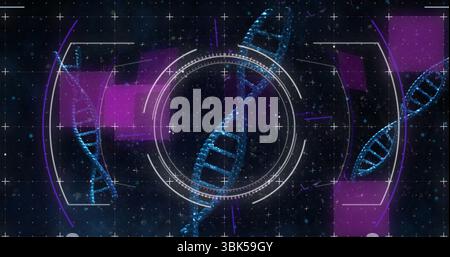 Floating blue DNA double helix in virtual space, with white HUD, crosshair grid and purple panels Stock Photo