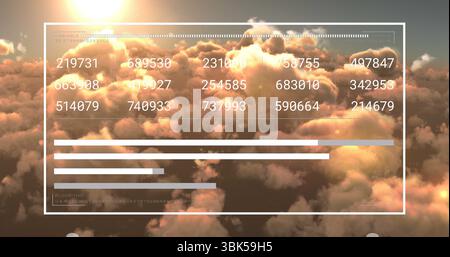 Floating user interface overlay panel above clouds at sunrise with numeric grid and progress bars Stock Photo