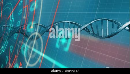 Floating DNA double helix over blue grid, showing neon data lines, circular interface, red streams Stock Photo