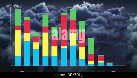 Displaying stacked bar chart with colored segments on dark cloudy sky background with white axes Stock Photo