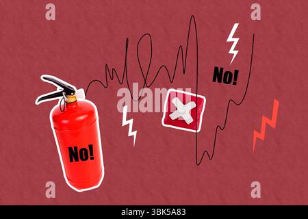 Trend template sketch design 3D photo collage of copyspace danger situation cross no stop firefighter lifesaver extinguish equipment Stock Photo
