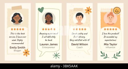 Cartoon testimonial template set with avatar frames, five stars ratings, quote texts, and decorative elements. Bright vertical review cards for social Stock Vector
