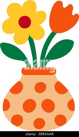 Orange vase with polka dots and colorful flowers. Decorative floral composition in flat cartoon style. Isolated. Stock vector illustration in flat car Stock Vector