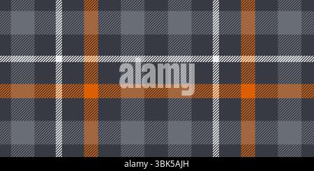 A contemporary tartan plaid pattern featuring grey and orange tones accented with white stripes in a geometric crisscrossed design, creating a bold an Stock Vector