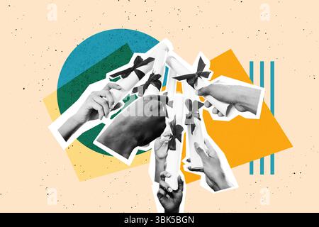 Full trendy sketch image photo collage of students hands crowd hold diploma paper roll university graduation concept learner Stock Photo