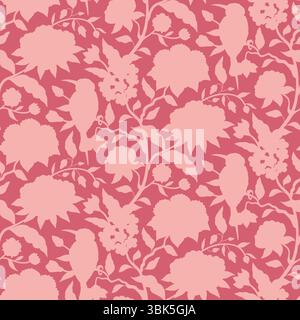 Seamless pattern with monochrome pastel pink chinoiserie hand drawn flowers and birds silhouettes Stock Vector