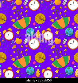 Seamless pattern with autumn elements, alarm and wall clocks, globes, umbrellas, apples and paper clips on purple background. For back to school theme Stock Vector