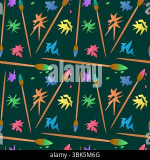 Seamless pattern with paintbrushes and colorful paint splashes different shapes on dark green background. For back to school theme, supplies or statio Stock Vector