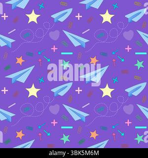 Seamless vector pattern with paper airplanes, stars, arrows, and school supplies on a purple background. For back to school or educational theme, stat Stock Vector