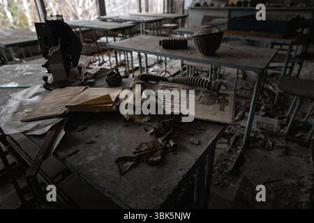 Abandoned Classroom in School number 5 of Pripyat, Chernobyl Exclusion Zone 2019 photo Stock Photo