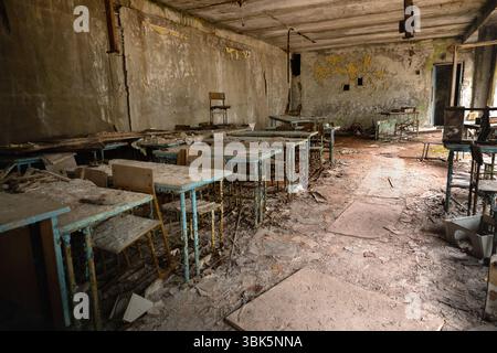 Abandoned Classroom in School number 5 of Pripyat, Chernobyl Exclusion Zone 2019 photo Stock Photo