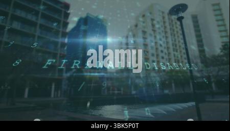 Displaying holographic FIREWALL DISABLED hovering above reflecting pool at urban plaza, cyber theme Stock Photo