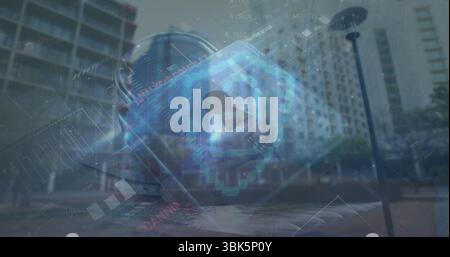 Floating silver padlock with blue keyhole over plaza fountain showing circuit and code overlays Stock Photo