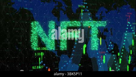 Displaying green NFT letters on world map dashboard, with candlestick bars and numeric data series Stock Photo