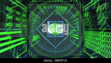 Rotating loading indicator framing diamond interface in command console, streaming numeric panels Stock Photo