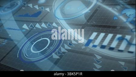 Displaying dashboard interface, with HUD gauges, arrow clusters, data charts and world map on grid Stock Photo