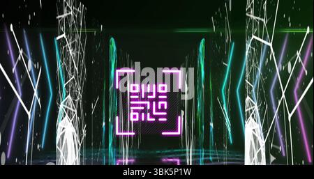 Glowing central magenta neon frame floating in virtual tech corridor, reflecting particles on floor Stock Photo