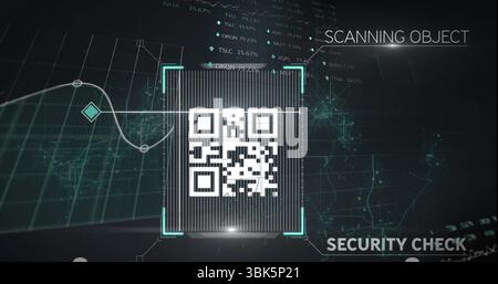 Displaying central QR code being scanned in security overlay, showing grid data and network nodes Stock Photo