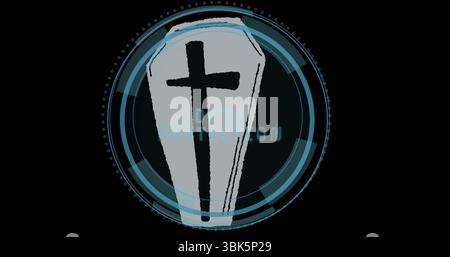 Displaying gray coffin-shaped icon with black cross on interface overlay, showing DATA PROTECTION Stock Photo