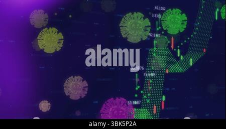 Displaying virus icons, data labels with green dotted arrow moving above candlestick bars on screen Stock Photo