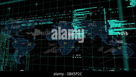 Displaying world map streaming code, connections on grid display, with hex clusters and UI readouts Stock Photo