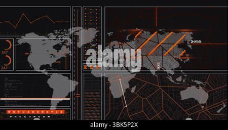 Displaying dashboard panels at control console, with world map outlines and 3D bar chart overlays Stock Photo