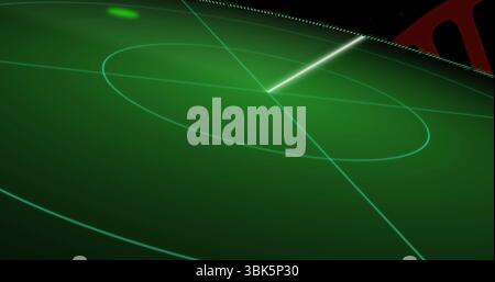 Displaying radar screen sweeping beam at command center, with target dots and red support bracket Stock Photo