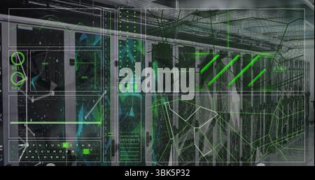 Displaying semi-transparent interface overlaying data center aisle, showing server racks and graphs Stock Photo