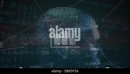 Displaying head profile pulsating in data environment, with neural network and binary code streams Stock Photo