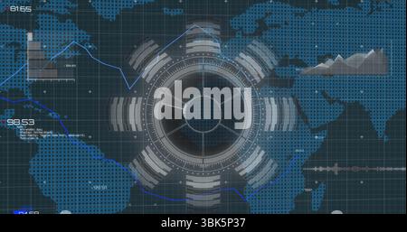 Central circular HUD rotating in digital interface, showing data graphics and readouts on grid map Stock Photo