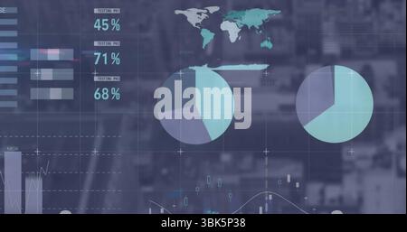 Displaying translucent data dashboard overlay in software interface, with pie charts and world map Stock Photo