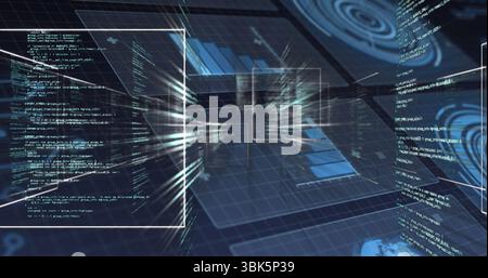 Displaying central 3D grid structure glowing in data hub, with floating code windows and bar charts Stock Photo