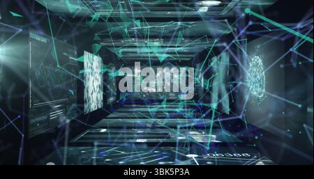 Extending holographic network corridor unfolding within virtual reality tunnel, with data panels Stock Photo